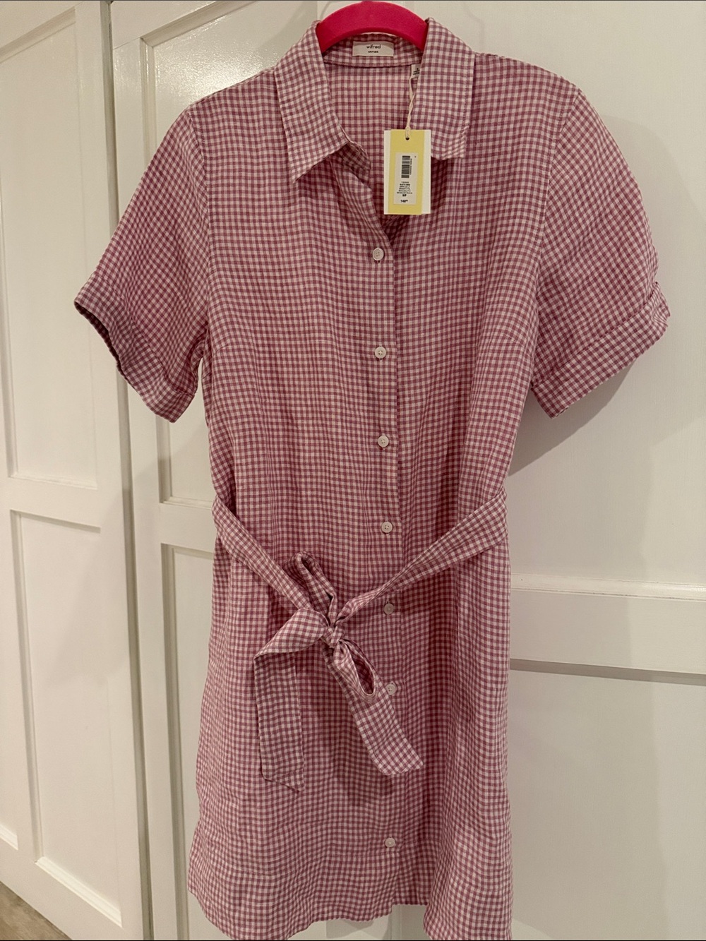 Aritzia Wilfred Eleta Mini dress button-Front Gingham Tie-Waist in Mauve